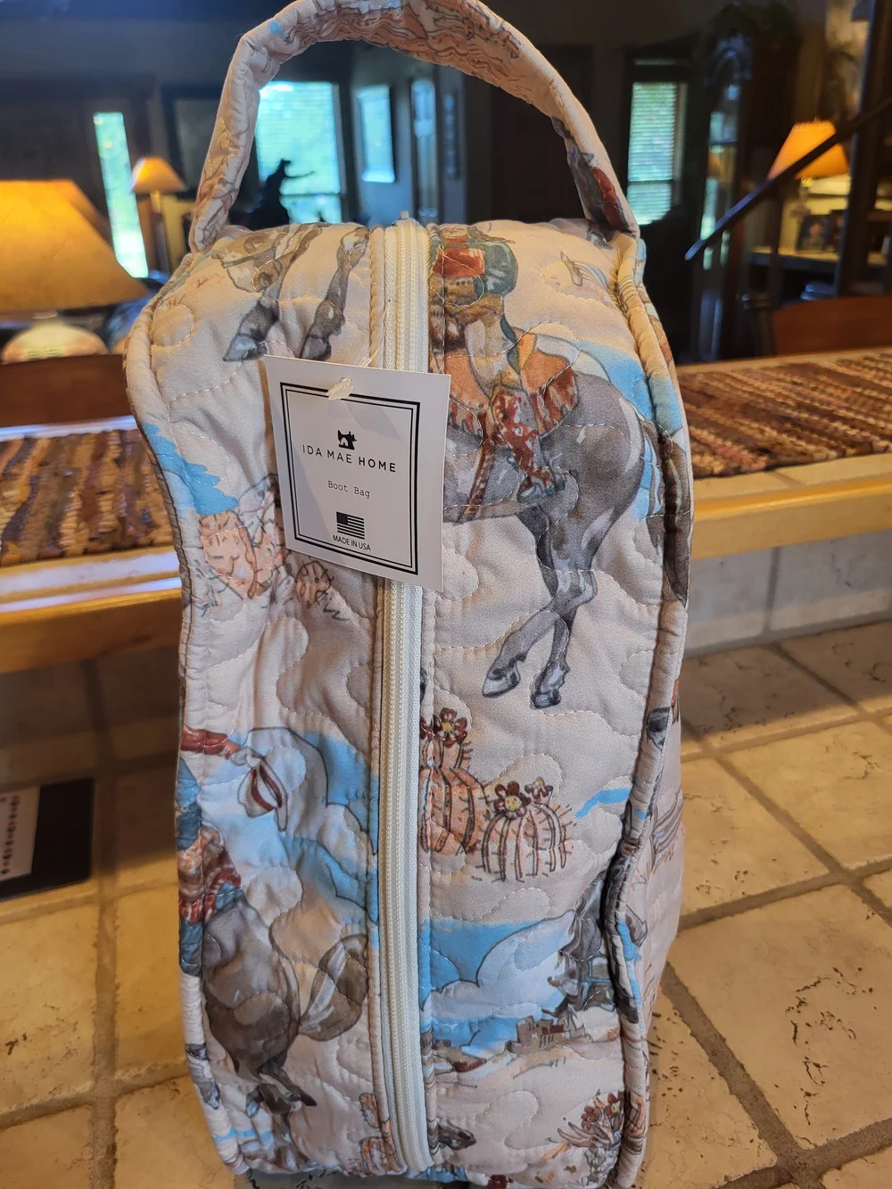 Western Cowboy Boot Bag in Beige Blue Cowboy - Picture 3 of 4